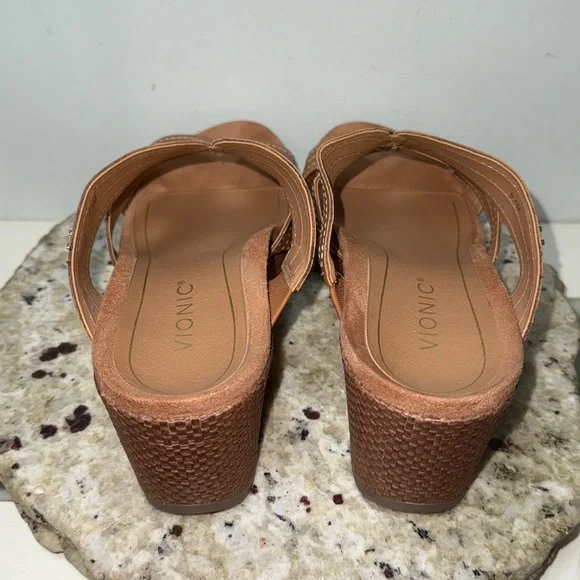 VIONIC MALORIE Raffia Natural Tan Leather Open Toe Slip On Wedge Sandals Sz 9.5 - Picture 12 of 16